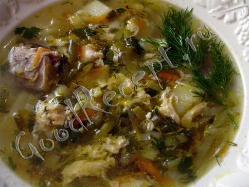 Суп куриный с солеными зелеными помидорами и луком пореем